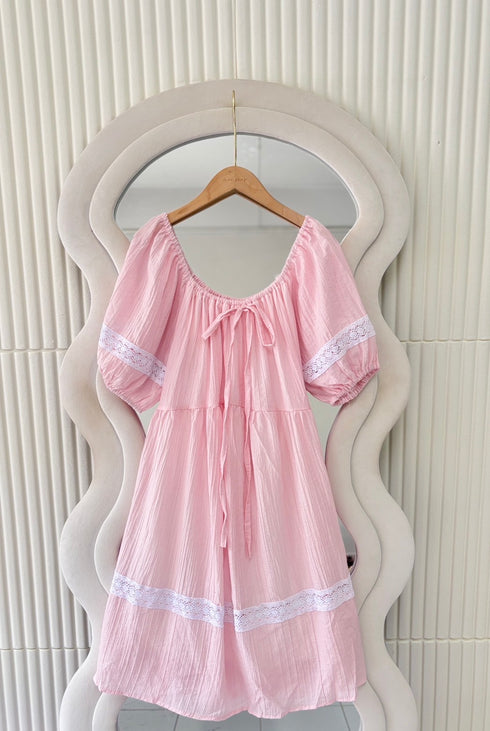 Women Puff Sleeves Mini Dress With Lace Trim